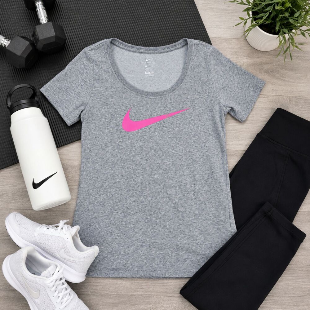 Nike Dri-FIT Training Tee XS Gray Pink Swoosh Athletic Gym Athleisure Top